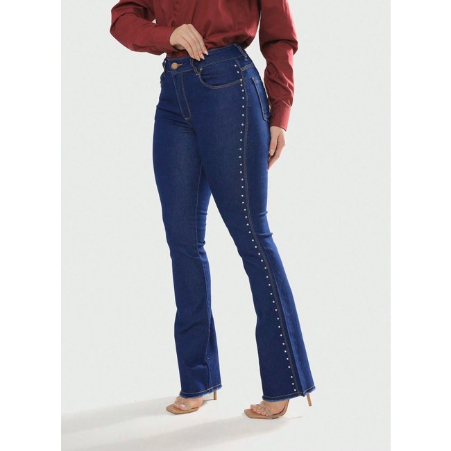Calça Feminina Flare Jeans Escuro com Strass Lateral azul escuro
