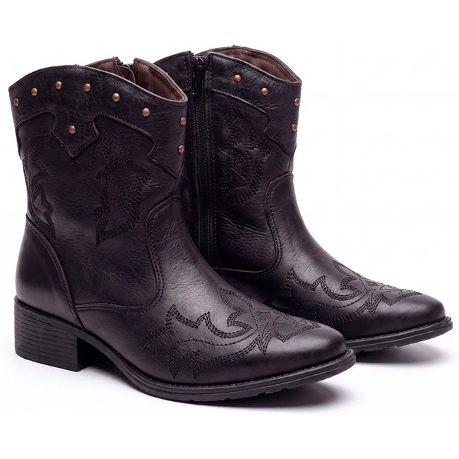 Bota Country Feminina Luxo Cano Médio De Couro Salto Baixo Mod.11002 Preto