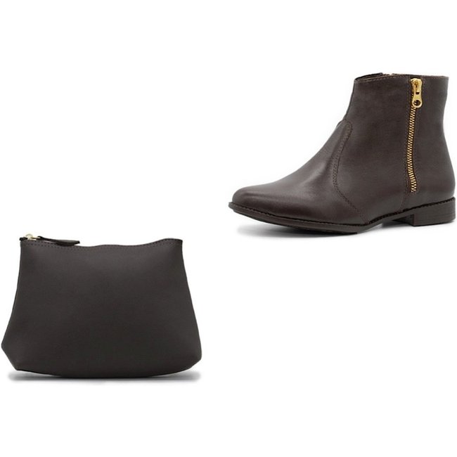 Kit Bota Feminina de Couro Ziper com Necesserie Café Tellini Store
