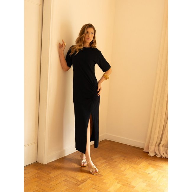 Vestido Midi com Pregas Verão Anna Morena Preto
