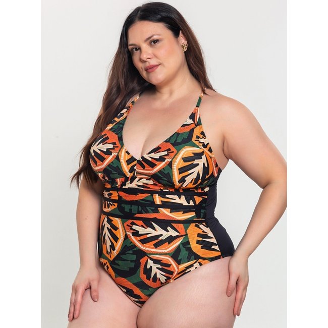 Maiô Plus Size Orla da Praia Frente Única Modelador Bojo Removível Estampado Folhagem