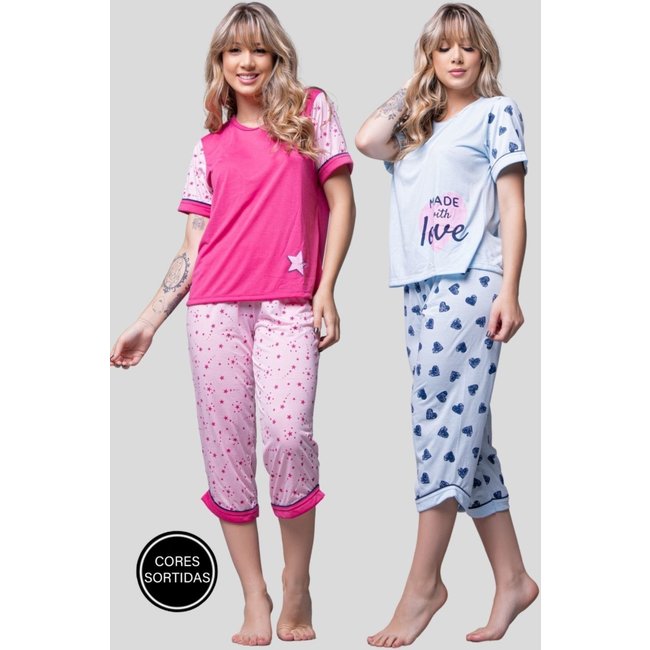 Kit 2 Pijamas Bella Fiore Modas Manga Curta Pescador Rosa