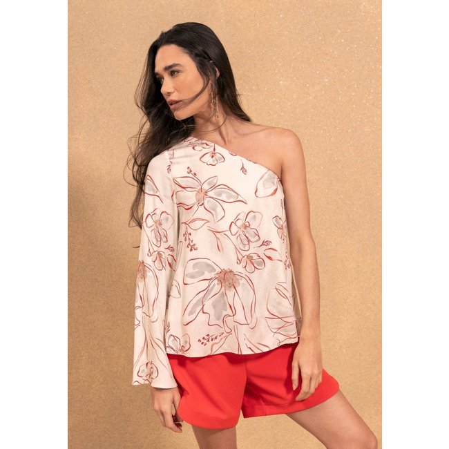 Blusa Estampada De Um Ombro Só Com Manga Longa