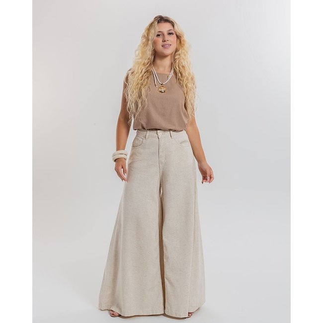 Calça Feminina - Max Wide Leg Linho- Black Jeans