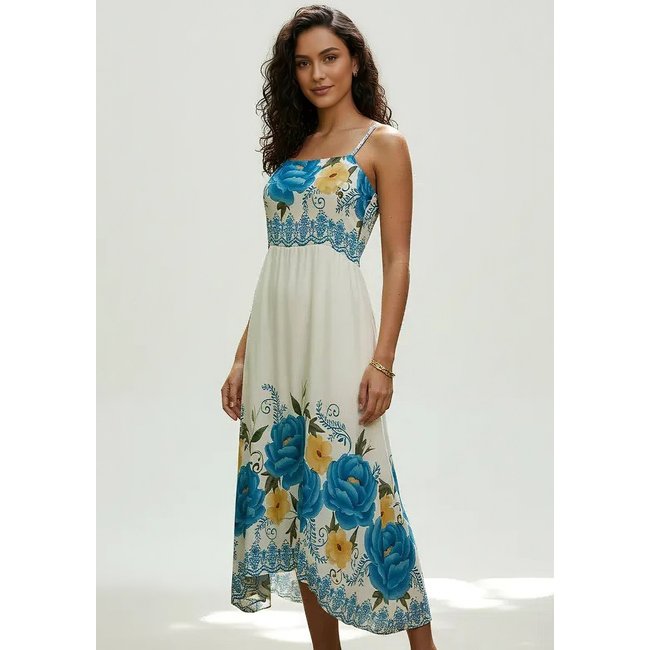 Vestido CabanaFree Midi Alça Fina Estampa Jardim Azul