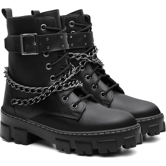 Bota Feminina Coturno Anna Andrade Tratorado Casual Cano Baixo Corrente Tendência Preto