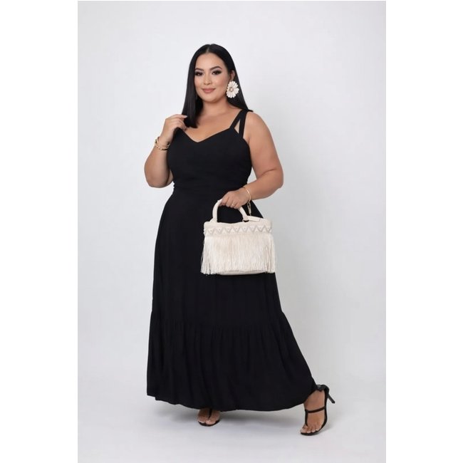 Vestido Longo Plus Size D Bell Outlet Fashion Alça Amarração Preto