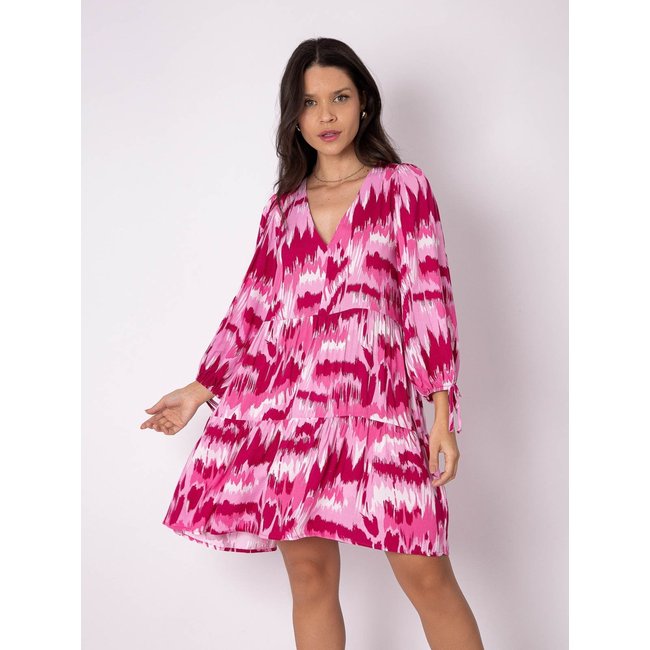 VESTIDO DECOTE V MANGA 7/8 VISCOSE ROSA ABSTRATO