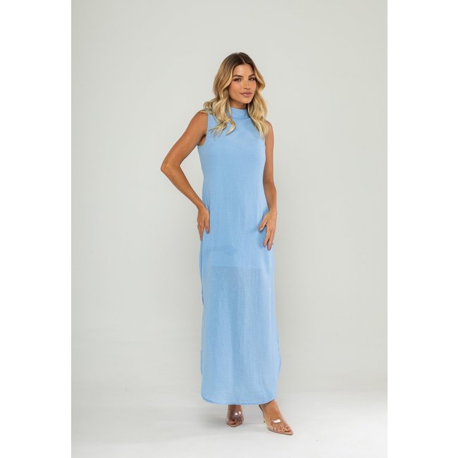 Vestido Longo Gola Alta E Fenda Lateral Salvatore Azul
