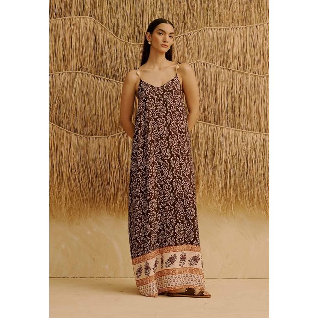 Vestido Longo Alça com Pedras Estampado Kala