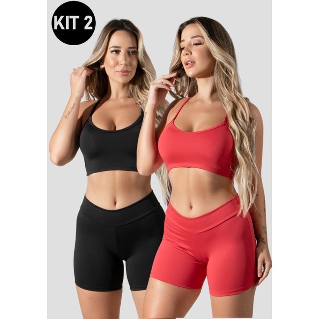 Kit 2 Conjuntos Feminino Fitness Top alça fina e Short Curto Suplex Lisa Treino Academia 4 Estações Preto/Vermelho