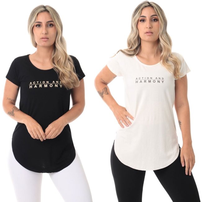kit 2 Blusa Feminina Academia Action Preta e Marfim
