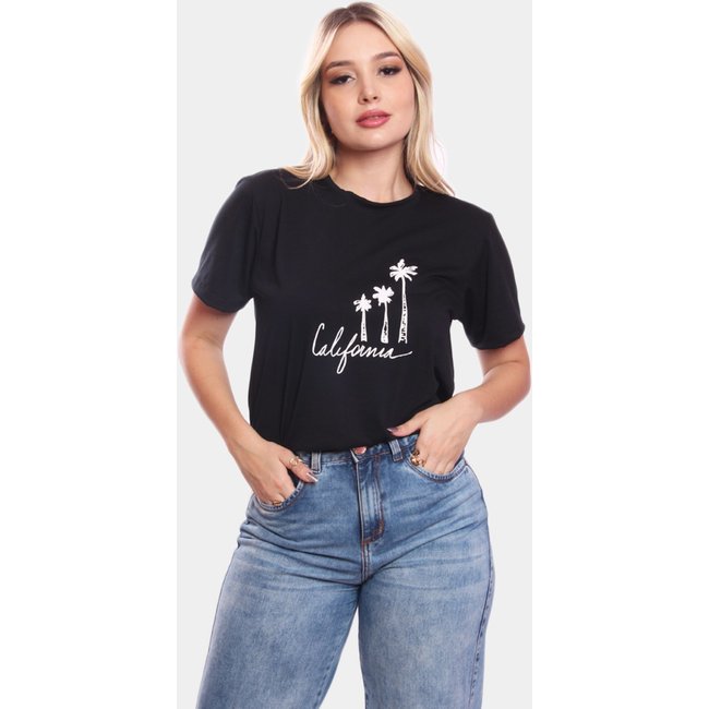 Tshirt Blusa Feminina Coqueiros California Estampada Manga Curta Camiseta Camisa Preto
