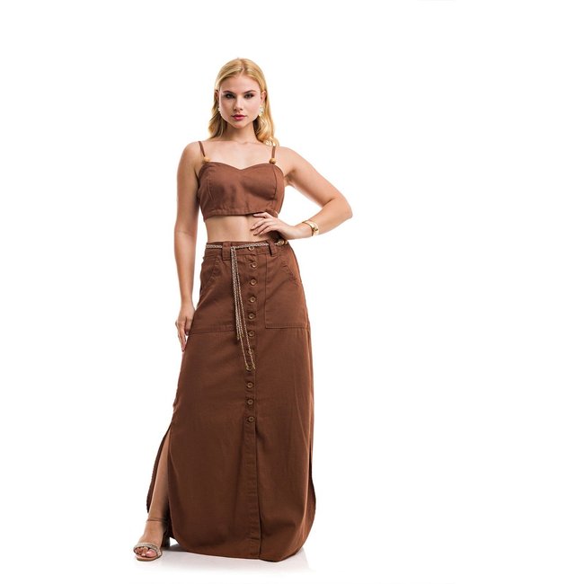 Conjunto Restrito Jeans Cropped e Saia Longa De Linho Premium - Marrom