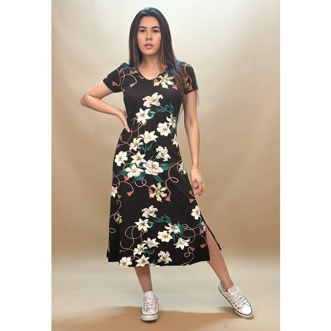 Vestido Midi Malha Gola V Manga Curta Estampa Preto Floral