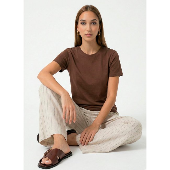 Blusa Marrom Algodão Premium Toque Fresco Sob Manga Curta