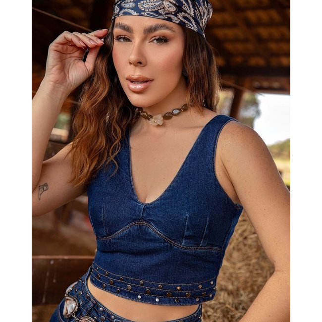 Top Jeans Feminino com Aplicação 24819 Escura Consciência