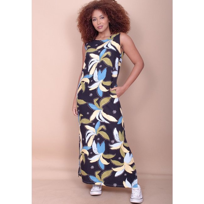 Vestido Longo Cabanafree Plano com Bolso Estampa Jardim Noturno