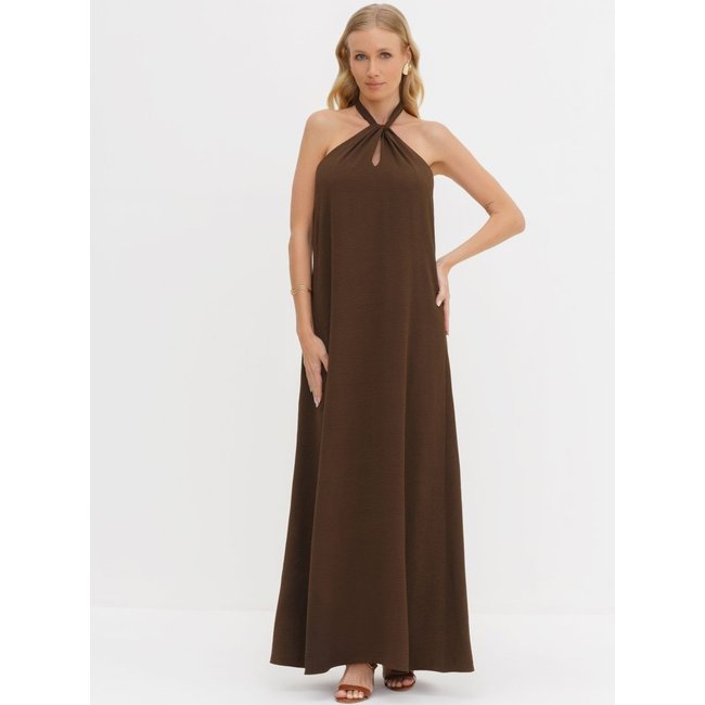 Vestido Frente Única Longo em Crepe Marrom Patrizia