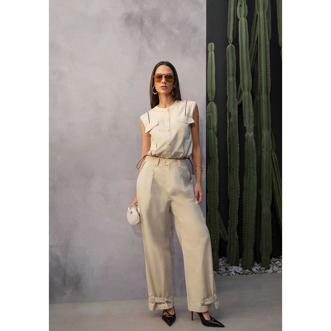 Calça Zinco Pantalona Alta Bege