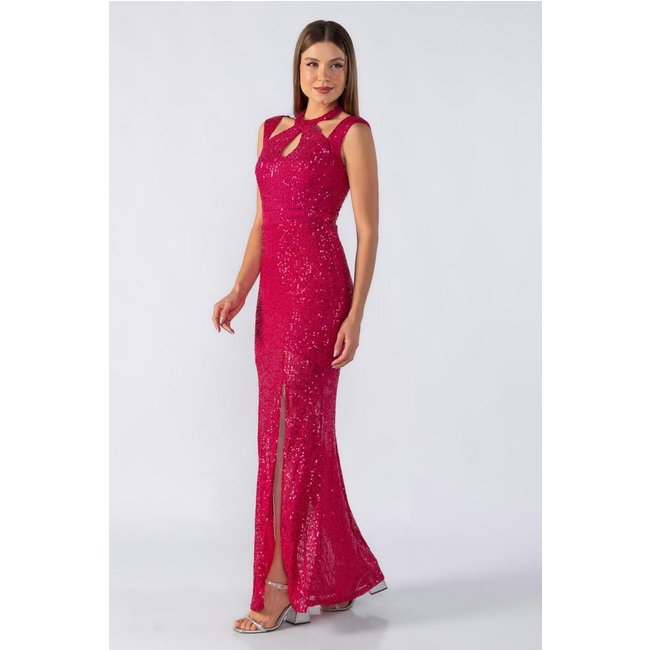 Vestido longo com recortes no decote Rosa