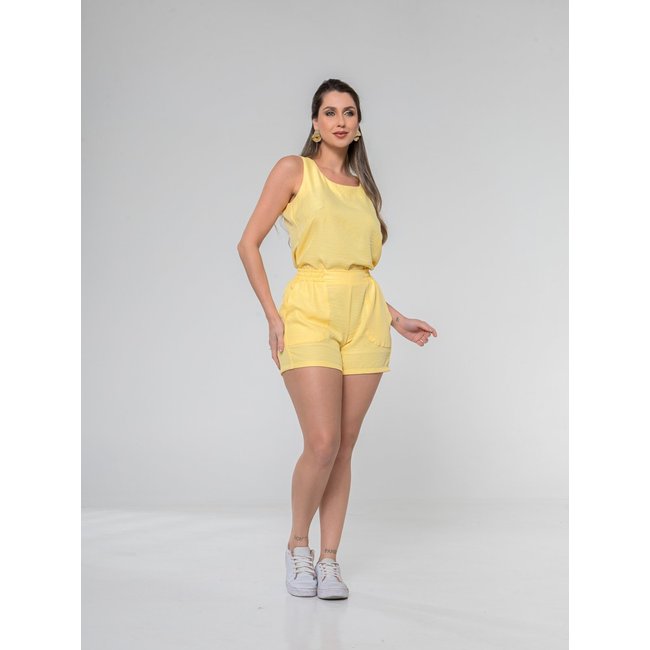 Conjunto Camisa Regata Cropped e Shorts com Elástico Moda Verão - Amarelo