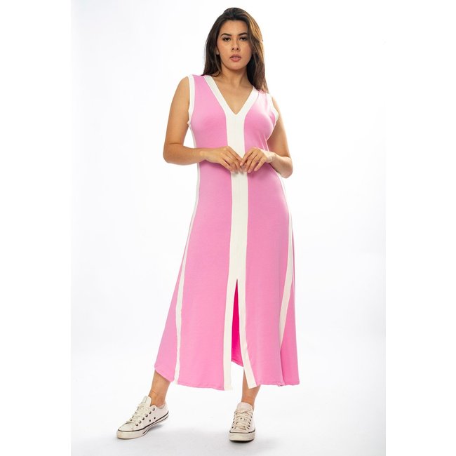 Vestido Midi Amazônia Vital Fenda Frontal Color Block Rosa