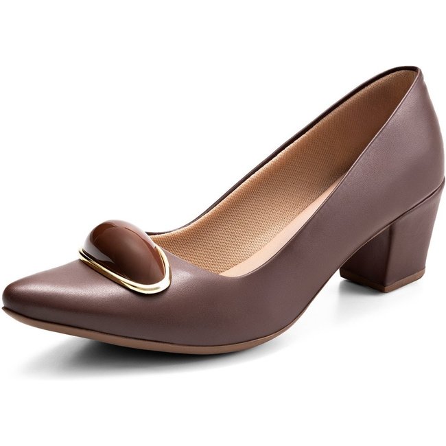Scarpin Feminino Lumiss Salto Baixo Confortável Enfeite Marrom