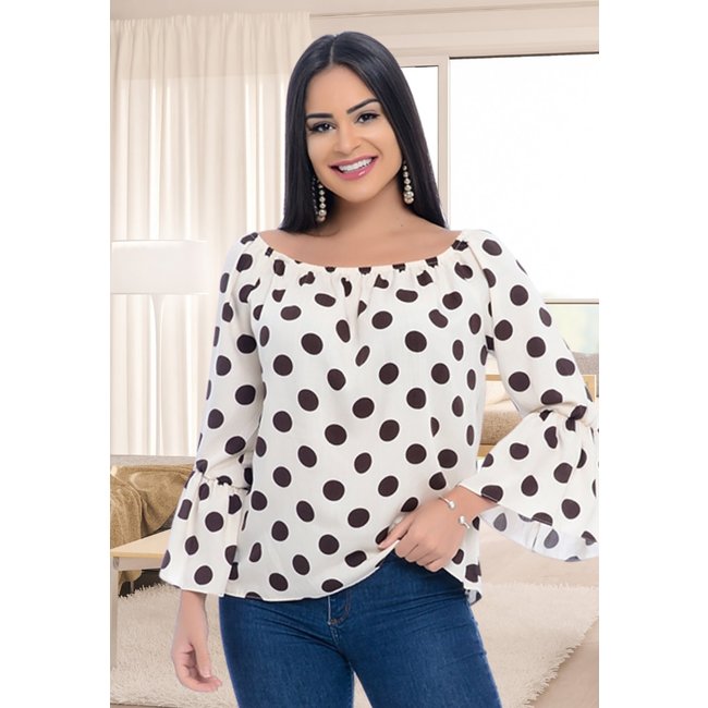 Blusa Ciganinha B'Bonnie Viscose Ligya Off-White Poá