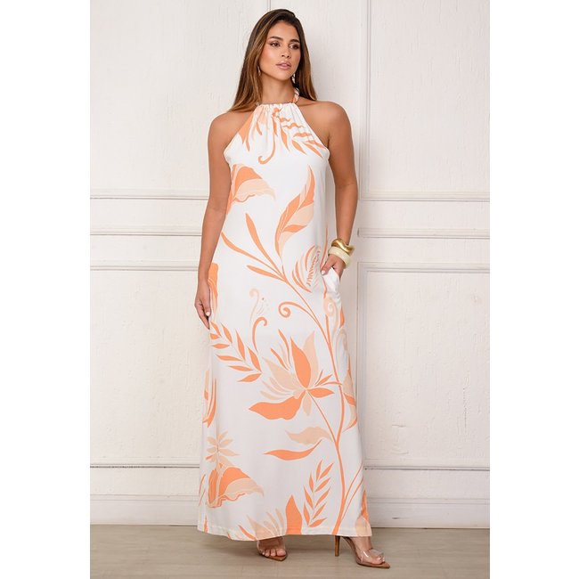 Vestido Sabrina – Longo com Amarração no Pescoço Estampa Laranja