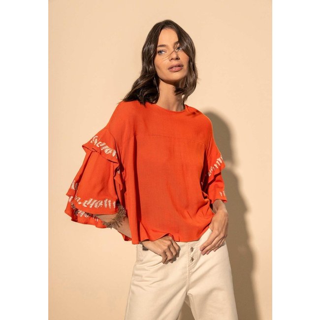 Blusa De Mangas Curtas Bordadas Com Babados Em Viscose