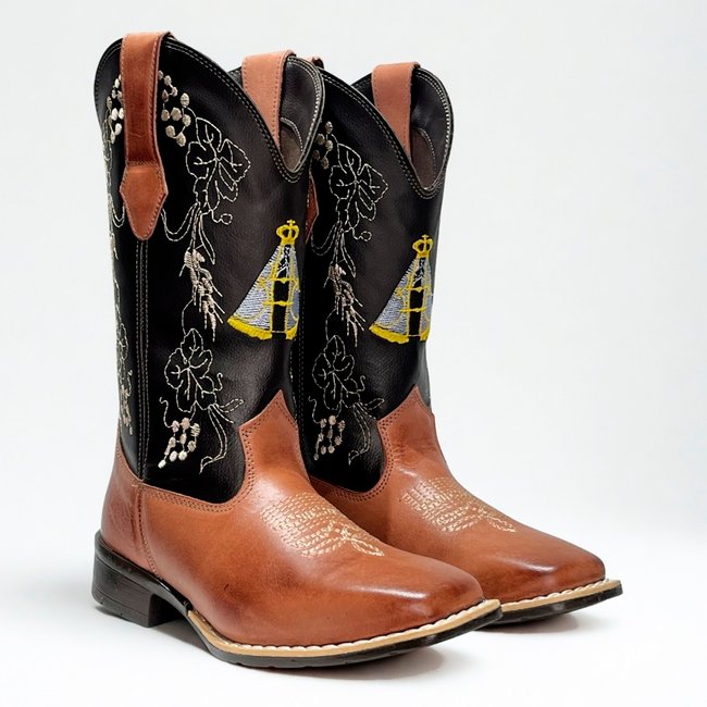 Bota Country Feminina Bordado Aparecida Cano Longo Em Couro Bico Quadrado