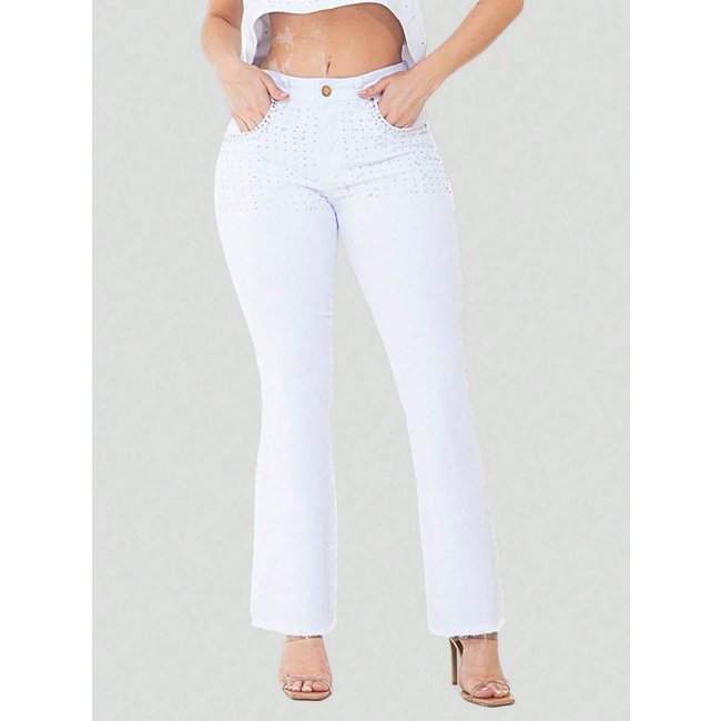 Calça Feminina Flare Sarja Branca com Pocket Strass