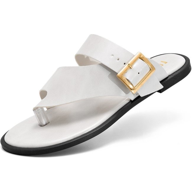 Sandália Rasteira Feminina Lumiss Chinelo Confortável Fivela Bico Redondo Off White