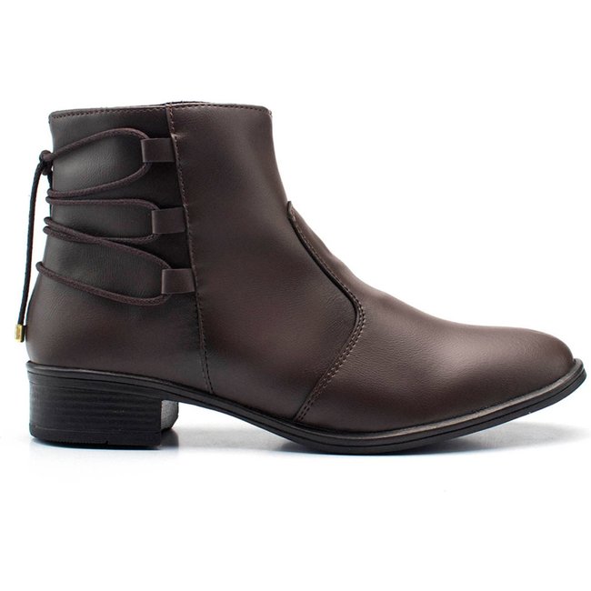 Bota Bico Fino Coturno Feminino Cano Curto Detalhe Tiras Café