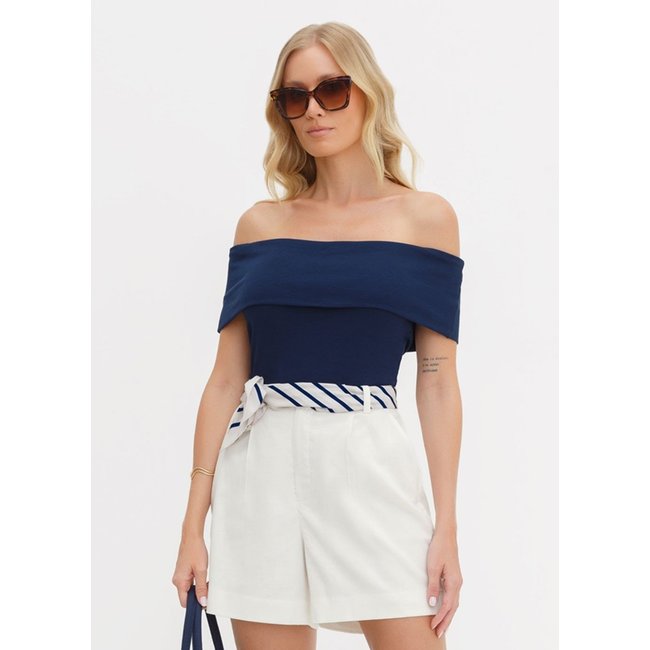 Blusa Ombro a Ombro de Malha Canelada Marinho Gracy