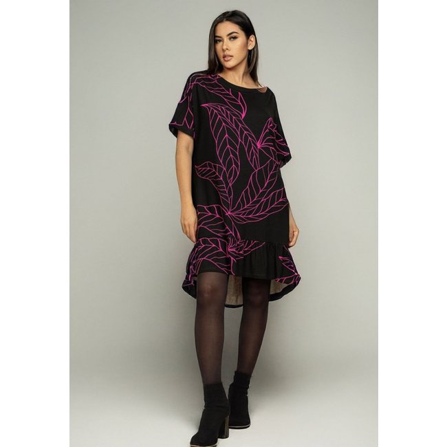 Vestido Cabanafree Curto Malha Mullet Amplo Babado Estampa Antúrios Lilás