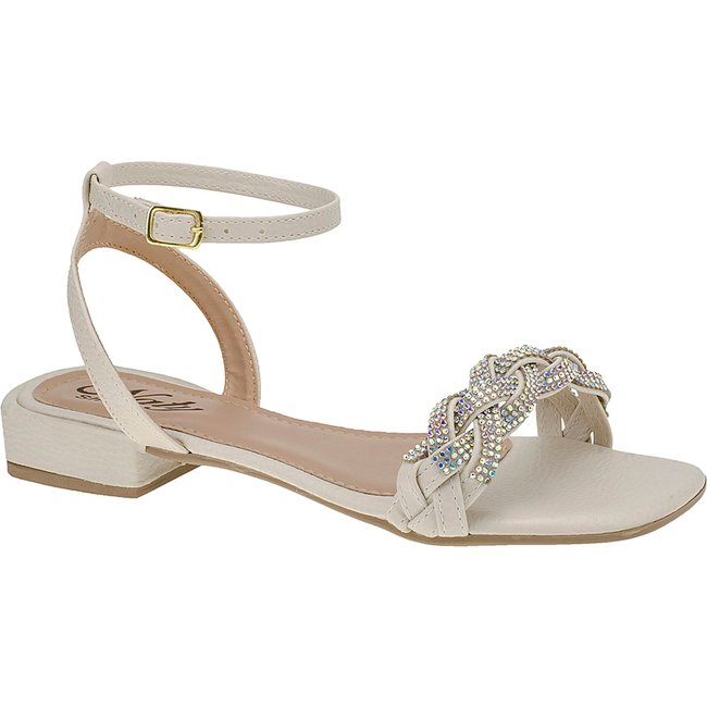 Sandália Saltinho 2,5 cm Baixo Off-White Bloco Strass Rasteirinha