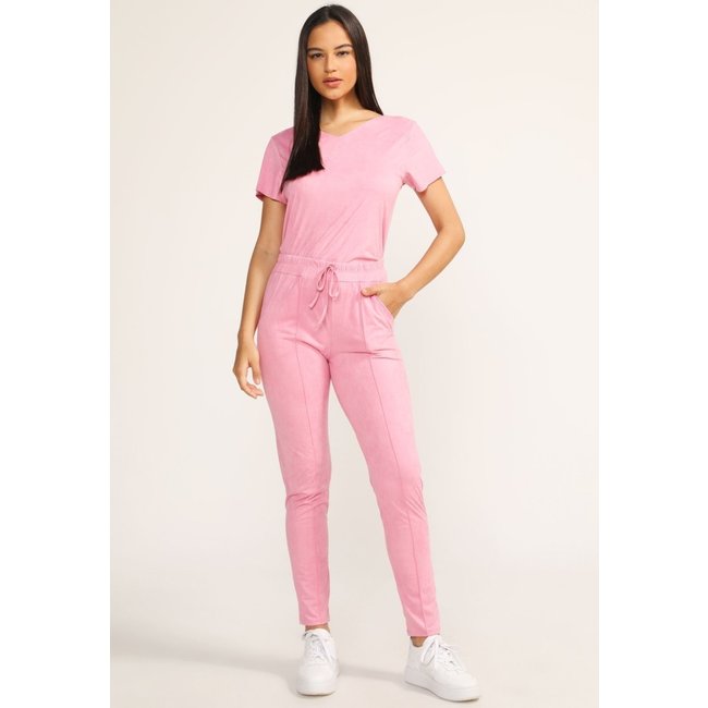 Conjunto Feminino D Bell Outlet Fashion Suede Manga Curta Rosa Claro