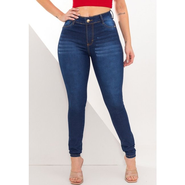Calça Skinny Jeans Feminina Tex Jeans Elastano Confortável Lavagem Escura Detalhada