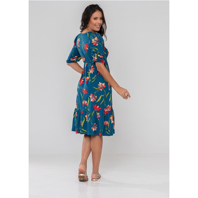 Vestido Aura Midi Catarina Floral Sintonia Azul