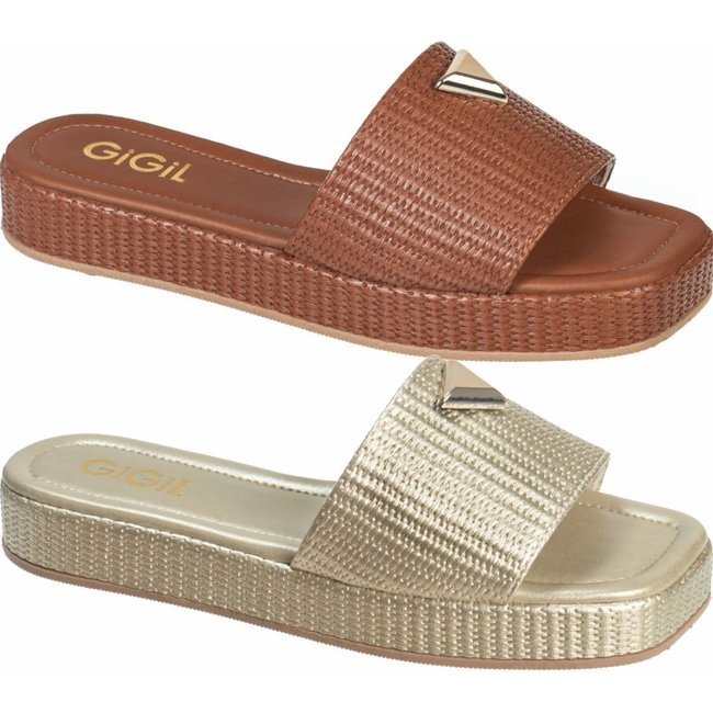 Kit 2 Pares Rasteira Tamanco Feminino GiGiL Flatform Baixo Detalhe Triangulo Metalizado Papete Juta Tressê Caramelo/Dourado
