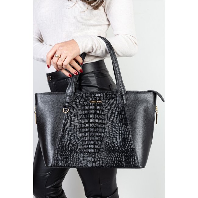 Bolsa feminina de couro croco Audrey - Preto