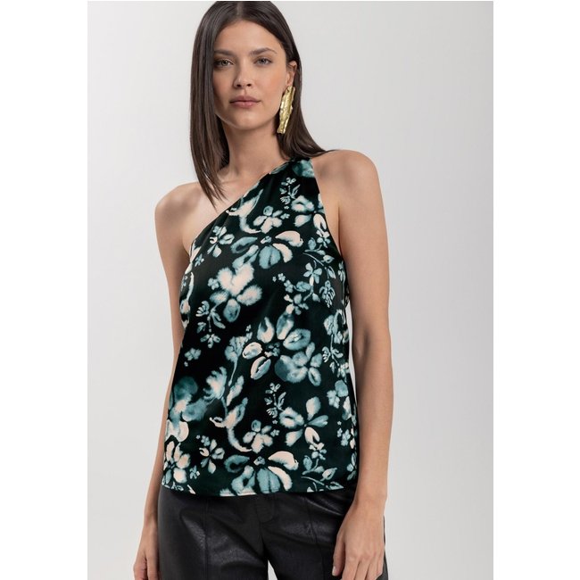 Blusa De Um Ombro Só Com Amarração Em Cetim Estampado