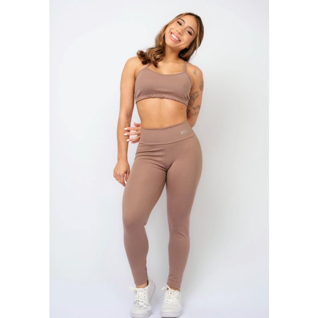 Conjunto Fitness Pink Urban Top Alça Nadador Calça Legging Cintura Alta Blackout Academia - Castanho