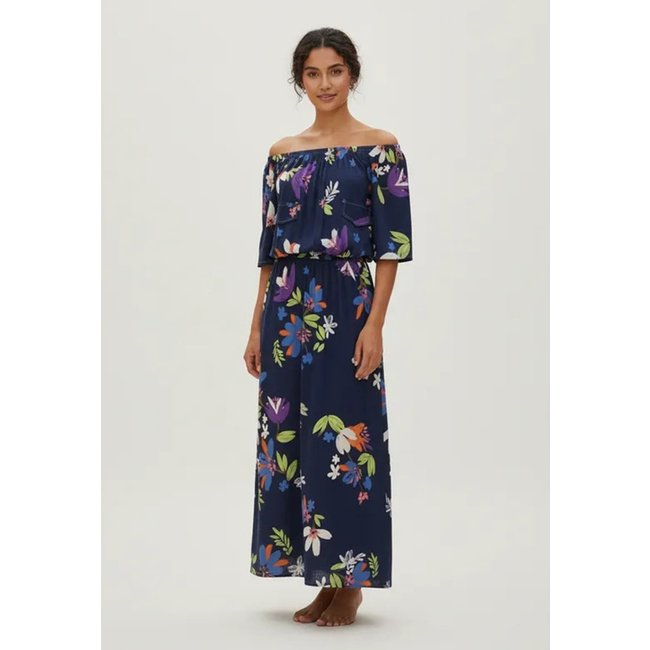 Vestido Midi Cabanafree Ciganinha Viscose com Lapela Estampa Festa das Flores Azul