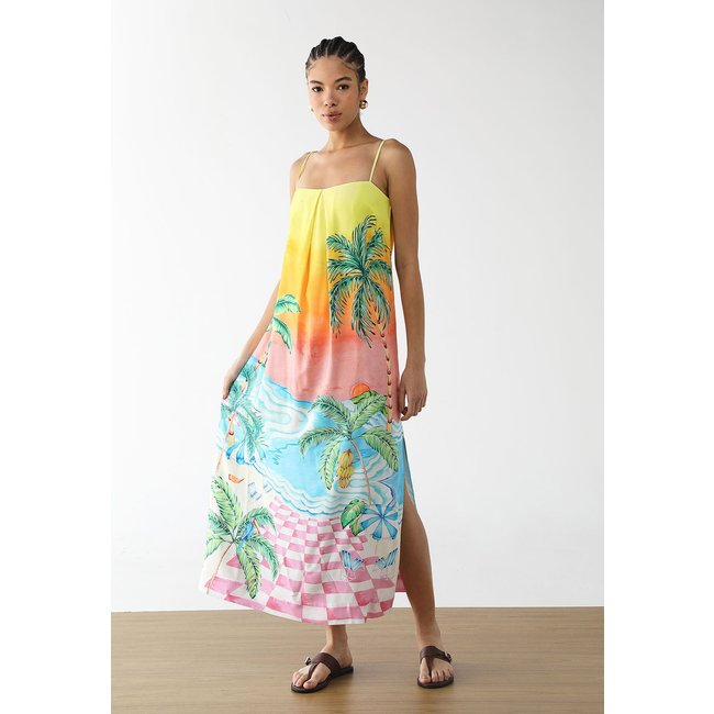 Vestido Feminino FARM Estampa Tropical Degradê Longo Amarelo