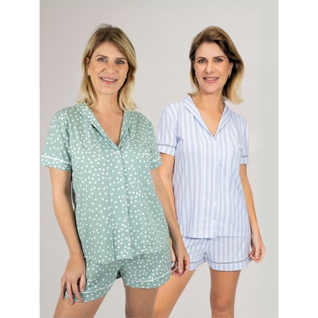 KIT Pijama Americano Curto Listrado Azul + Pijama Americano Curto Verde Poá