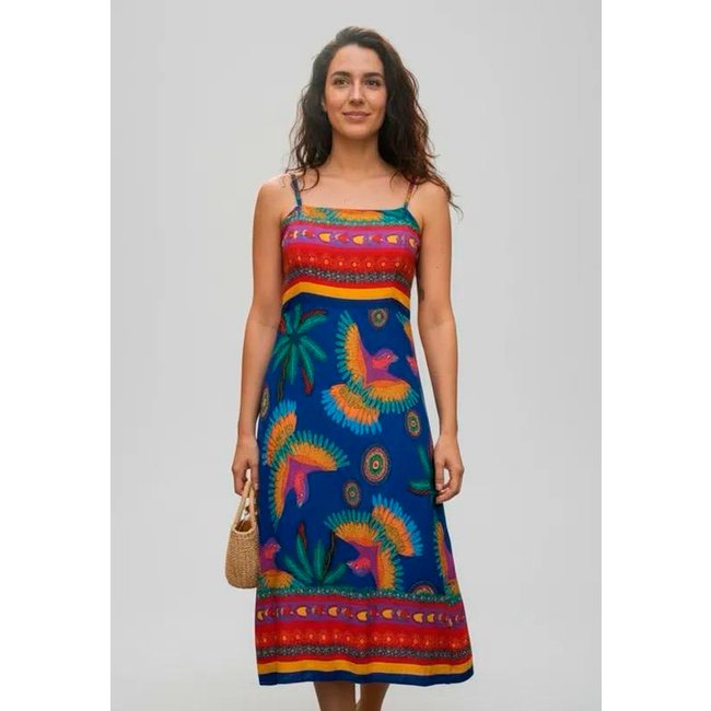 Vestido Amazonia Vital Midi Alça Fina Estampa Dança dos Passáros