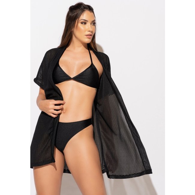 Saída De Praia MVB Modas Renda Curta Moda Praia Kimono Verão Preto